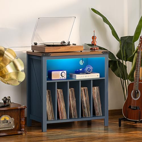 Joaxswe Large Record Player Stand with Charging Station & LED Lights, Vinyl Records Storage Holder Cabinet Holds up to 230 Albums, Turntable Stand for Music Room, Bedroom, Living Room, Office (Blue) Joaxswe