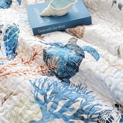weigelia Coastal Quilt Set Queen Size - Sea Turtle Ocean Print Lightweight Soft Microfiber Summer Comforter with 2 Pillow Cases - Beach Bedding Coverlet Decor for All Seasons, Bedroom & Guest Room weigelia