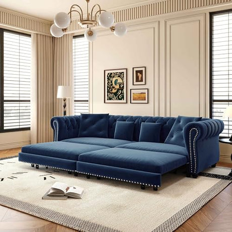 Tabaray 89'' Pull Out Sofa Bed King, Chesterfield Velvet Sleeper Sofa, Convertible L-Shaped Futon Couch, Tufted Back, 4 Pillows, Ottoman, Deep Seat Loveseat Couches for Living Room, Apartment, Blue Tabaray