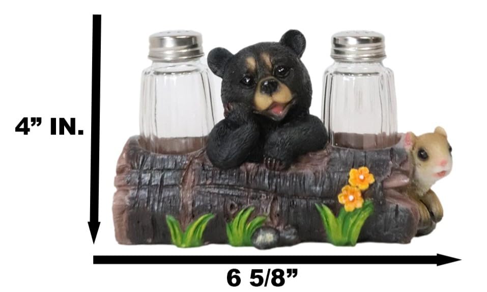 Ebros Black Baby Bear Cub Sitting In Log With Squirrel Salt And Pepper Shakers Holder Statue 6.75"Long Cabin Lodge Whimsical Bear Dining Table Centerpiece Ebros Gift