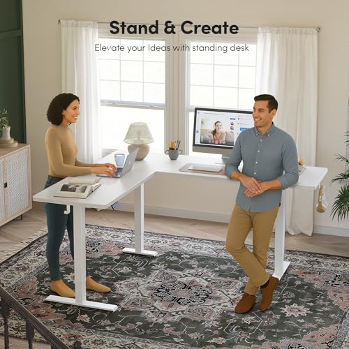CubiCubi L Shaped Standing Desk 63 x 55 Inch Adjustable Height, Electric Corner Desk, Sit Stand Home Office Desk with Splice Board, White CubiCubi