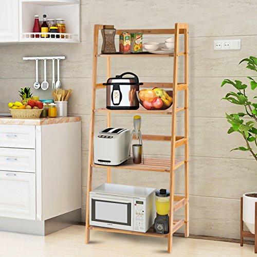 COSTWAY 47.5'' Bamboo Ladder Shelf, Multifunctional Plant Flower Display Stand, Storage Rack, Bookcase Bookshelf Natural (4 Tier)