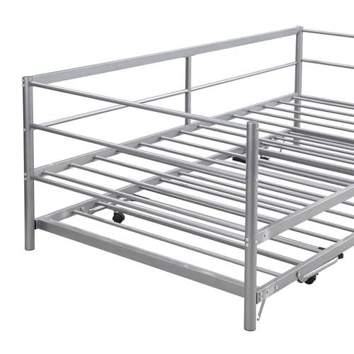 Nahenduo Twin Size Daybed with Pop up Trundle & Adjustable LED Lights, Futon Frame Bed, Metal Sofa Bed Frame for Living Room Bedroom Guest Room, Small Space, No Box Spring Needed (Sliver) Nahenduo