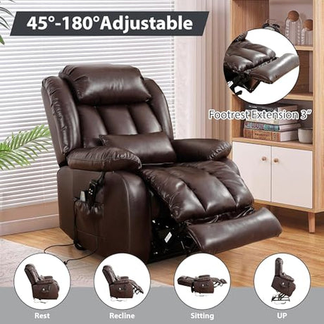 EDILLY XL Large Genuine Leather Lift Chair Recliner for Elderly, Dual Motor with Massage and Heating,with Double Lumbar Cushion and Extended Footrest,USB Port and Remote,Seat Width 26"(Brown) EDILLY