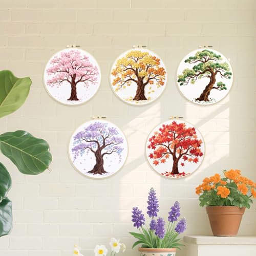 ORIGACH 5 Pcs Seasonal Tree Embroidery Kit for Beginners, Stamped Design Embroidery Starter Kit Includes Cloth, Hoops, Threads & Needles