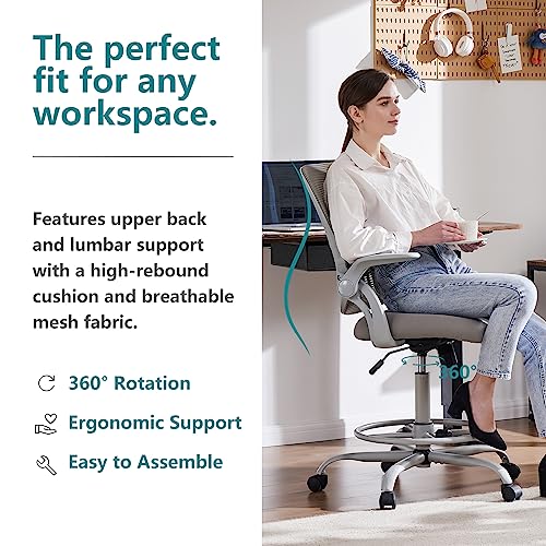 Smug Drafting Chair with Flip-up Arms, Height Adjustable Standing Tall Office Desk Chair with Foot Ring, Ergonomic Swivel Computer Chairs with Rolling Wheels, Grey SMUGDESK
