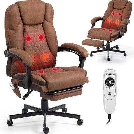 WENTUM Massage Office Chair with Foot Rest, 6 Points Vibration Heating Executive Chairs Ergonomic Home Office Desk Chair with Reclining Backrest, Adjustable Arms and Lumbar Support-Brown WENTUM