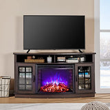 LUXOAK 59" Curved Fireplace TV Console, Entertainment Center Table with Open Shelves and Farmhouse Glass Door Media TV Cabinet Stand for TVs up to 65 LUXOAK