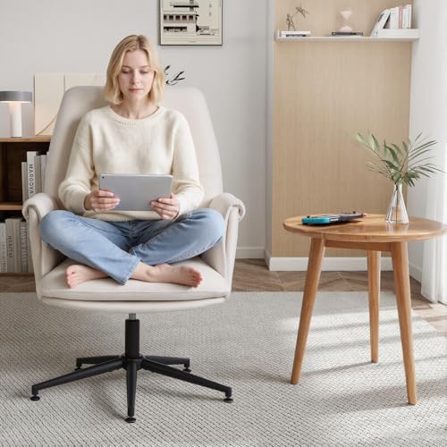 High Back Home Office Chair Without Wheels, Upholstered Fabric Desk Chair with Armrests, Ergonomic Swivel Computer Task Chair (White) Eronfrione