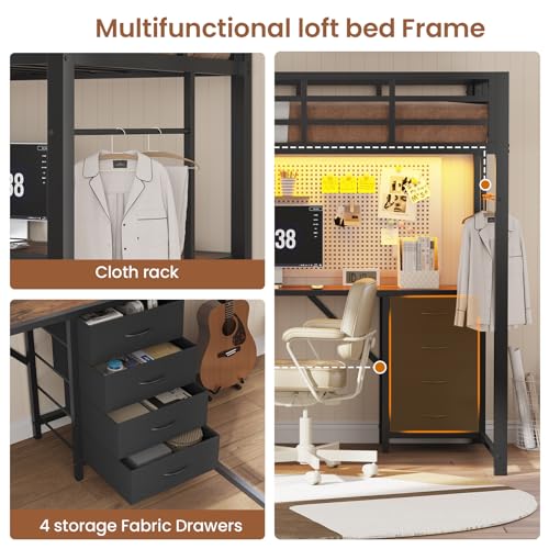 UPOSOJA Loft Bed Twin Size with L Shape Desk,4 Drawers,3-Tier Storage Shelves Metal Loft Bed Frame with Power Outlet and LED Lighted,No Box Spring Needed,Space-Saving,Noise Free,Brown & Black UPOSOJA
