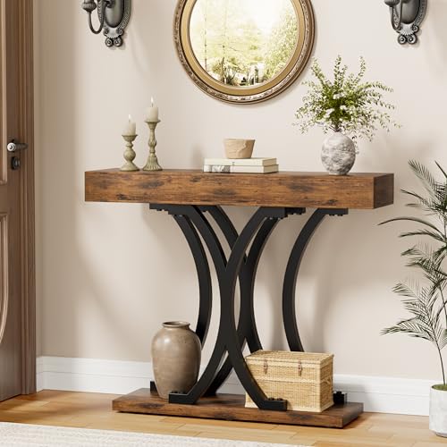 JUSTOGO 43.3" Console Table for Entryway, Industrial Sofa Table Entryway Table, Narrow Wood Accent Tables X-Shaped Metal Hallway Table for Living Room, Small Spaces, Entrance, Foyer, Rustic Brown JUSTOGO
