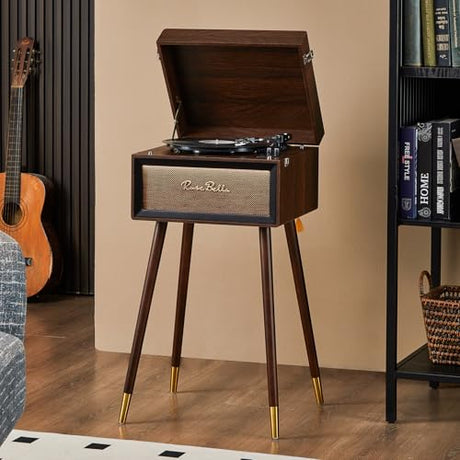Vintage Record Player with Stand,Vintage Record Player Bluetooth Input with 3 Speed&3 Size Record Player，Built-in 4 Speakers,Remote/USB/Headphones/FM/RCA Jacks Wood (Dark Mahogany) HZLSBL