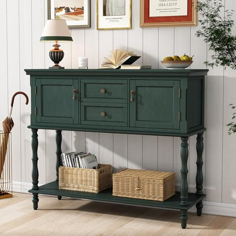 ARTPOWER Console Table with 2 Drawers, Retro Entryway Table with 2 Door Cabinets and Open Storage Shelf, Narrow Long Behind Couch Sofa Table for Living Room, Foyer, Hallway, Green ARTPOWER