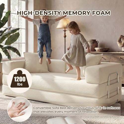 GRUSIGN 78 Inch Convertible Sofa Bed, 5-in-1 Futon Sofa Bed Pull Out Couch, Boneless Couch Bed for Living Room, Corduroy Boneless Couches for Bedroom, Apartment, No Assembly Sleeper Sofa Bed, Beige GRUSIGN