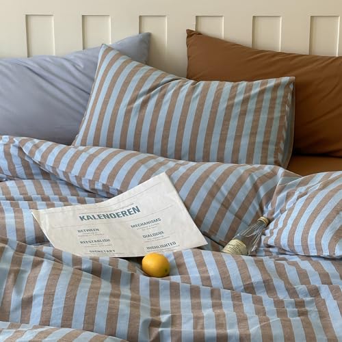 Striped Duvet Cover Set Full, 100% Washed Cotton Vintage Blue Brown Stripes Pattern Printed Comforter Cover, 3 Pieces Breathable Duvet Cover with 2 Pillowcases, Soft Farmhouse Striped Bedding Set LifeTB