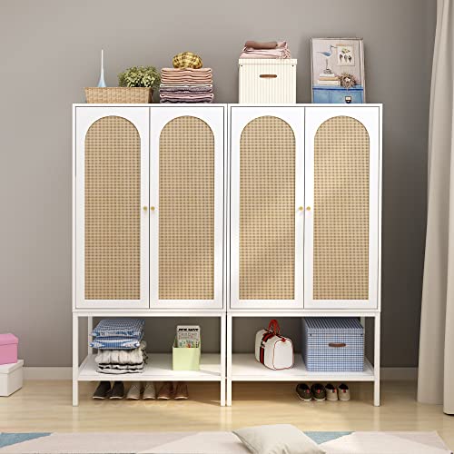 QEIUZON Wardrobe Closet, Rattan Freestanding Wardrobe Cabinet with Storage Cubes & Hanging Rod, Bedroom Armoire, 2-Doors-White QEIUZON