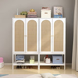 QEIUZON Wardrobe Closet, Rattan Freestanding Wardrobe Cabinet with Storage Cubes & Hanging Rod, Bedroom Armoire, 2-Doors-White QEIUZON