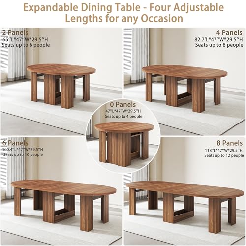 Round Extendable Dining Table for 4-12 People, 47-118 Inch Kitchen Table with Wood Strip Base, Modern Oval Dining Room Table for Kitchen Living Room, Walnut Bvldfamly