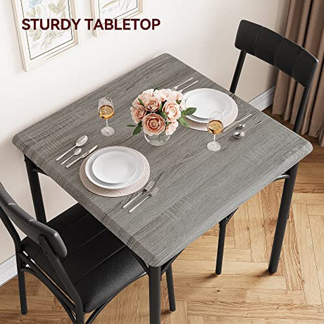 Amyove Modern Rustic Gray Square Dining Set, 29.2' L x W 30.1' H Table, 33.7' 18.4' 17' Chairs, 2 Person, Metal & MDF, Easy Assembly, Space-Saving Amyove