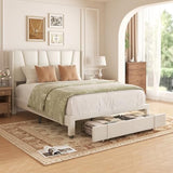 Full Bed Frame with Storage Drawers, Velvet Upholstered Full Size Platform Bed with 47" Tall Headboard and Wingboard, No Box Spring Needed, Noise Free, Easy Assembly, Wooden Support Slats, Beige viplov
