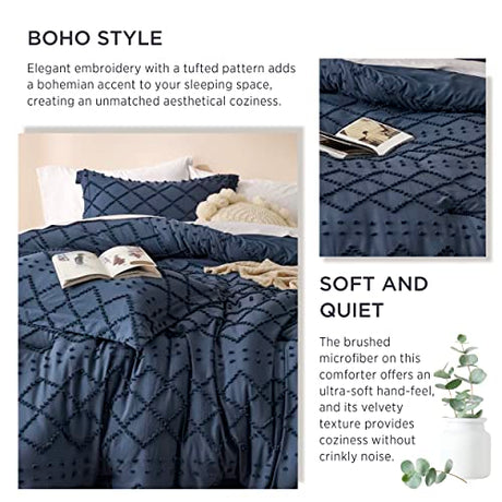 Bedsure Queen Comforter Set - Navy Blue Comforter, Boho Tufted Shabby Chic Bedding for Kids, 3 Pieces Vintage Farmhouse Bed Set for All Seasons, Fluffy Soft Bedding with 2 Pillow Shams Bedsure