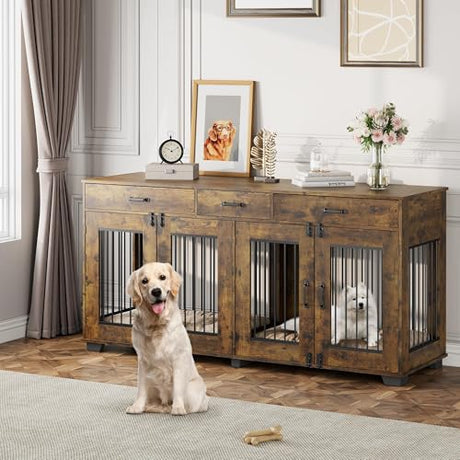 Dog Crate Furniture for 2 Dogs, 71'' XXL Indoor Dog Kennel with 3 Drawers and Removable Room Divider, Wooden Double Dog CrateTV Stand End Table with Double Doors for Large Medium Dogs, Brown GAOMON
