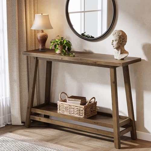 TRIBEWOOD 41.3" Farmhouse Console Table, Solid Wood Entryway Table with Storage Shelf, 2 Tiers of Narrow Behind Couch Sofa Furniture for Living Room, Hallway, Foyer, Easy Assembly, Brown TRIBEWOOD