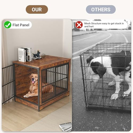 Rovibek 86 Inch Double Dog Crate Furniture, Dog Cage Furniture with Removable Divider & Trays, Large Wooden Dog Crates for 2 Dogs Indoor with Three Doors, Rustic Brown Rovibek