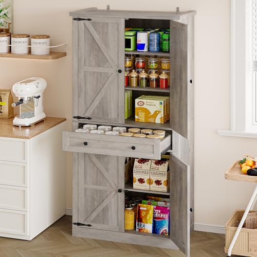 BORNOON Pantry Organizers and Storage Cabinet, 70” Barn Door White Kitchen Cabinet with Drawers and Adjustable Shelf, Tall Pantry for Kitchen, Dining Room, Living Room Bedroom BORNOON