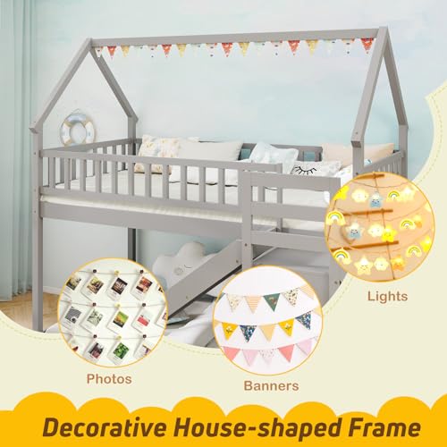 Giantex House Bunk Bed Twin Over Twin with Slide & Stairs, Wood Bunk Bed with Storage Shelves, No Box Spring Needed, Twin Floor Bed for Kids Teens Boys Girls (Grey) Giantex