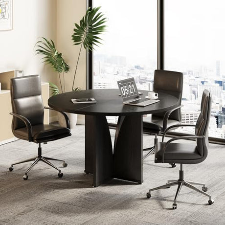 LITTLE TREE 39-Inch Small Conference Table for 4, Round Meeting Table with X-Shape Pedestal, for Office, Conference Room, Small Spaces, Black LITTLE TREE