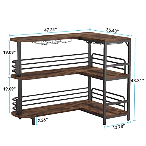 Tribesigns Rustic Brown L-Shaped Home Bar Unit with 3 Tiers and Wine Glass Holder - WoodArtSupply