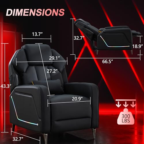 URRED Gaming Recliner Chair with LED Lights, Ergonomic Video Game Reclining Chair with Footrest, Lumbar Pillow, Side Pocket, Home Theater Recliner for Living Room, Bedroom, Gaming Room (Black)