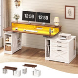 SEDETA Farmhouse Electric Standing Desk, 55" Height Adjustable Computer Desk with 3 Drawers, File Cabinet, Storage Shelves, Power Outlets, Wood Home Office Desk for Work, Study, Writing, White SEDETA