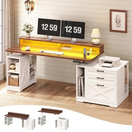 SEDETA Farmhouse Electric Standing Desk, 55" Height Adjustable Computer Desk with 3 Drawers, File Cabinet, Storage Shelves, Power Outlets, Wood Home Office Desk for Work, Study, Writing, White SEDETA
