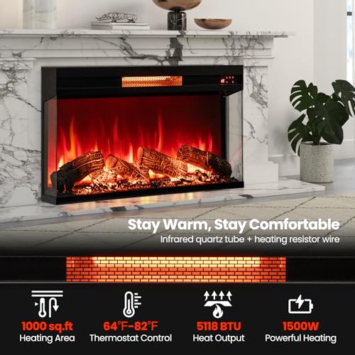 SIMOE 36 Inch 3 Side Glass Electric Fireplace, Recessed Fireplace Insert with Remote Control, 8-Color Flame, Adjustable Brightness, Freestanding Fireplace w/ 9H Timer, Thermostat, Overheat Protection SIMOE
