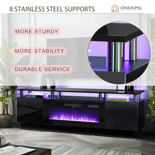 oneinmil 70" Modern Electric Fireplace TV Stand for TVs Up to 80 inch, with Electronic Flame and LED Lights, Luxury High Gloss Finish Entertainment Center, TV Console Cabinet for Living Room, - WoodArtSupply