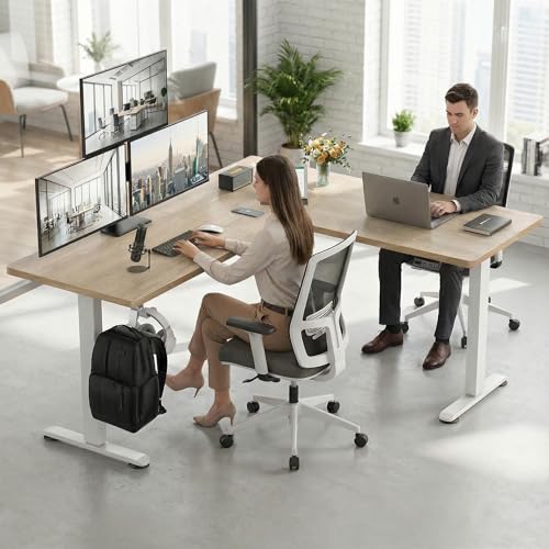 farexon 63x55 Inch L Shaped Standing Desk, Electric Adjustable Height Stand Up Desk, Corner sit Stand Desk with 39x18 in Mouse Pad, Hook, Home Office Writing Gaming Computer Workstation, Oak Grey farexon
