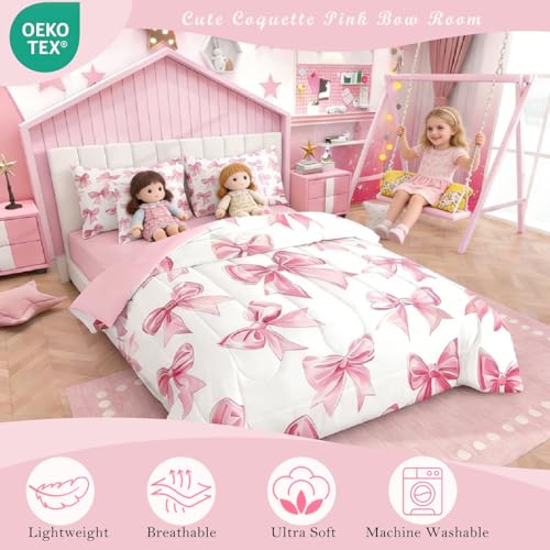Erosebridal Kawaii Bowknot Girls Bed in A Bag with Sheets Dreamy Princess Style Queen Comforter Set 7 Piece for Kids Teen Women,Girly Cute Bow Bedding Set Pink Bow Tie Bed Set Bedroom Decor Erosebridal