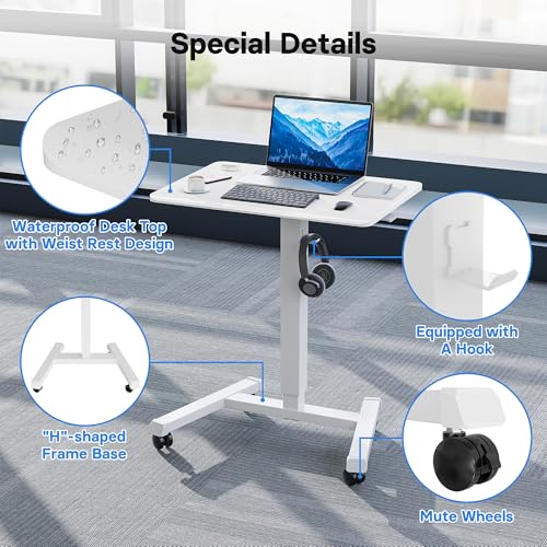 BONTEC Mobile Standing Desk Adjustable Height, Rolling Laptop Cart with Hook, Portable Workstation with Pneumatic Lift, Ergonomic Table with Wheels, Compact Home Office Desk, White 25.6" x 17.7" BONTEC