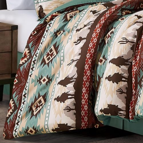 Chezmoi Collection Dune 7-Piece Southwestern Cowboys Aztec Comforter Set - Multicolor Teal Brown Beige Tan Red Printed Washed Microfiber Bedding, Oversized King Chezmoi Collection
