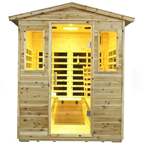 Kanlanth Outdoor Infrared Sauna with Red Light Therapy, 4 Person 2050watt Canadian Hemlock Wood Personal Sauna Room for Indoor Home, with Blue-Tooth, 4 Chromo Therapy Lighting, Control, Cup Holder Kanlanth