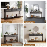 weselon 55.5" Carved Console Table with 3 Drawers, 2-Tier Sofa Table with Glossy Floral Surface and Solid Wood Legs, Mid-Century Modern Entryway Table for Living Room Hallway (Antique Black-Brown) weselon