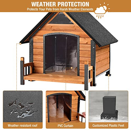 Dog House with Anti-Bite Metal Iron Frame Outdoor Wooden Dog Kennel Indoor Puppy Shelter for Small Medium Large Dogs Weatherproof(Brown) GUTINNEEN