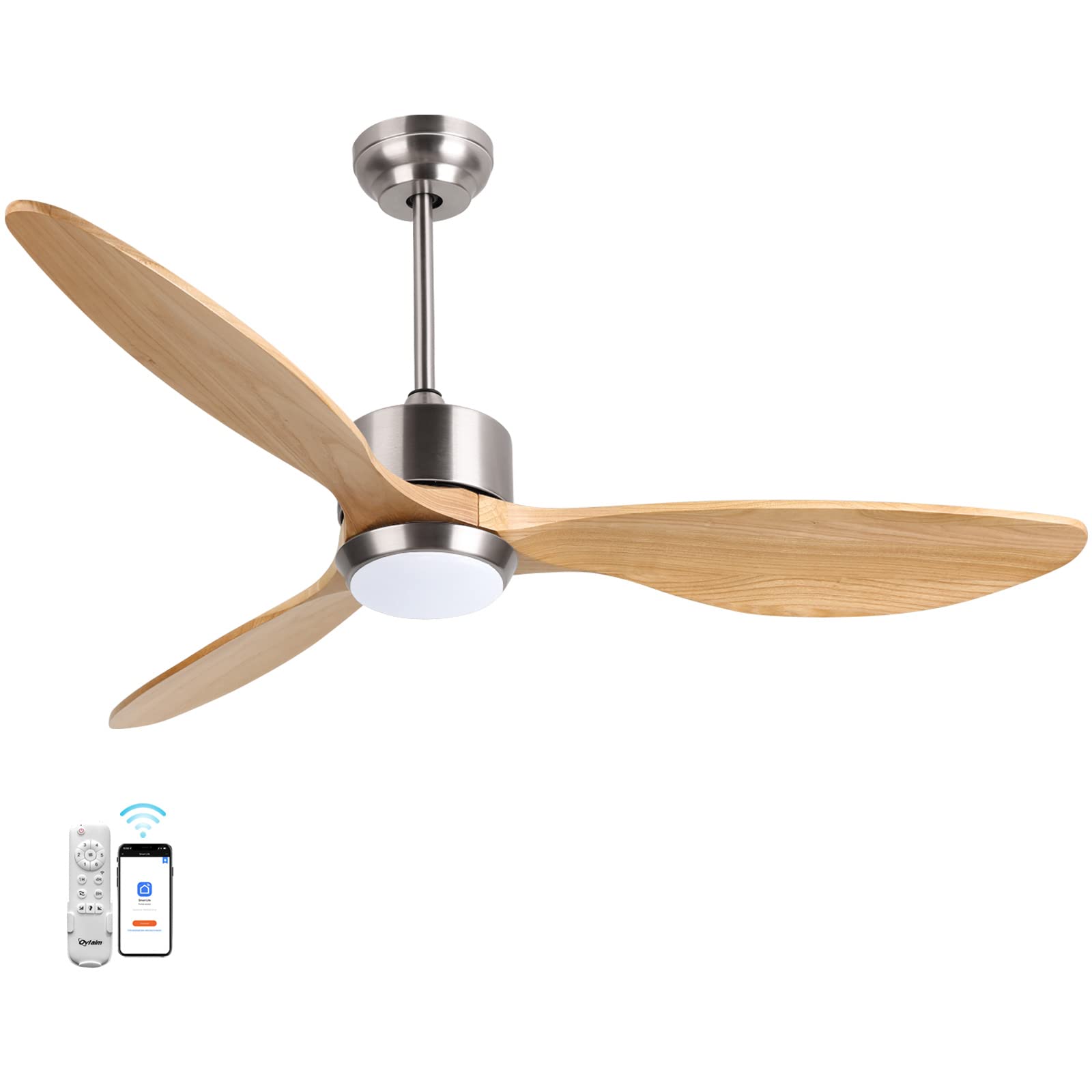 Ovlaim 52 Inch Solid Wood Ceiling Fans with Lights Remote Control, 6 Speed Quiet DC Motor 3 Blade Propeller Smart Ceiling Fan, Indoor Living Room Bedroom - WoodArtSupply