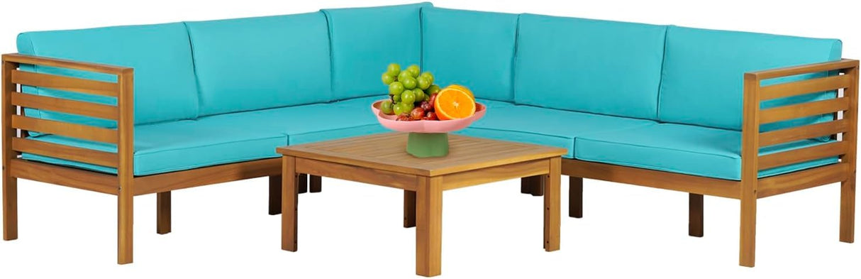 PayLessHere Patio Furniture 4 Pieces Outdoor Furniture L-Shaped Sectional Sofa Conversation Sets Patio Corner Set with Coffee Table Acacia Wood and Waterproof Cushion (Blue) PayLessHere