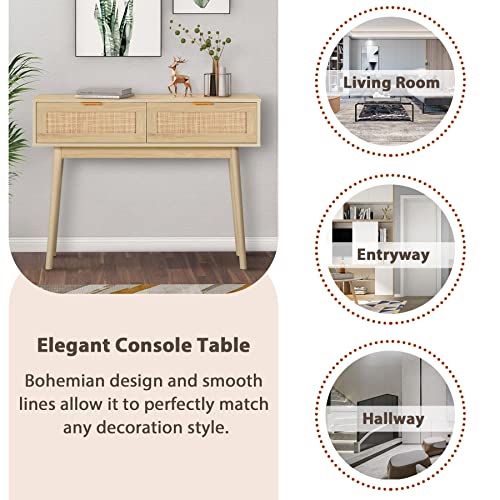 AOTIFARM Console Table with 2 Drawers Rattan Entryway Table with Storage Narrow Accent Sofa Table Behind Couch Table for Hallway, Entryway, Living Room and Bedroom Natural Wood - WoodArtSupply