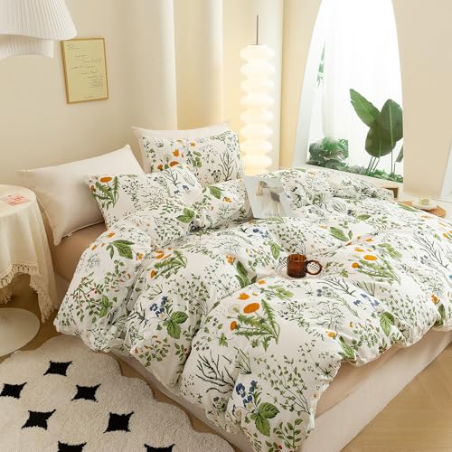 ECOCOTT 3 Pieces Floral Duvet Cover Sets King Size,100% Natural Cotton Floral Pattern 1 Duvet Cover with Zipper and 2 Pillowcases, Ultra Soft and Easy Care Breathable Cozy Simple Style Bedding Set ECOCOTT