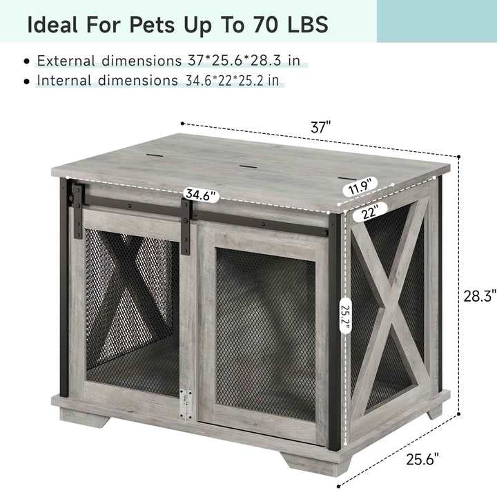 GAOMON 37'' Sliding Barn Door Dog Crate Furniture with Flip Top and Movable Divider, Dog Kennel Side End Table, Wooden Dog Crate Table, Grey - WoodArtSupply