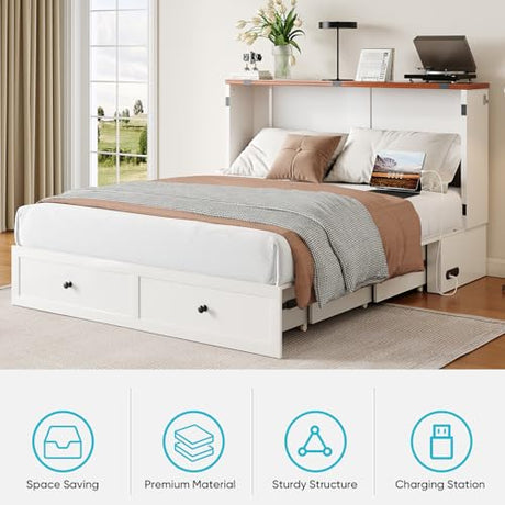 CECER Queen Size Murphy Bed with Tri-Folding Mattress，Murphy Bed with Charging Station and Two Large Storage Drawers for Small Spaces/Bedroom（White） CECER